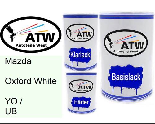 Mazda, Oxford White, YO / UB: 500ml Lackdose + 500ml Klarlack + 250ml Härter - Set, von ATW Autoteile West.